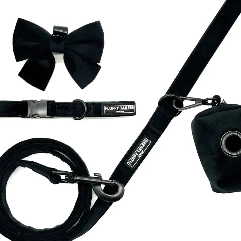 Classic Black Velvet Full Collection - Dog Collar, Bow Tie, Leash and Poop Bag Holder by Fluffy Tailers - Memoriex