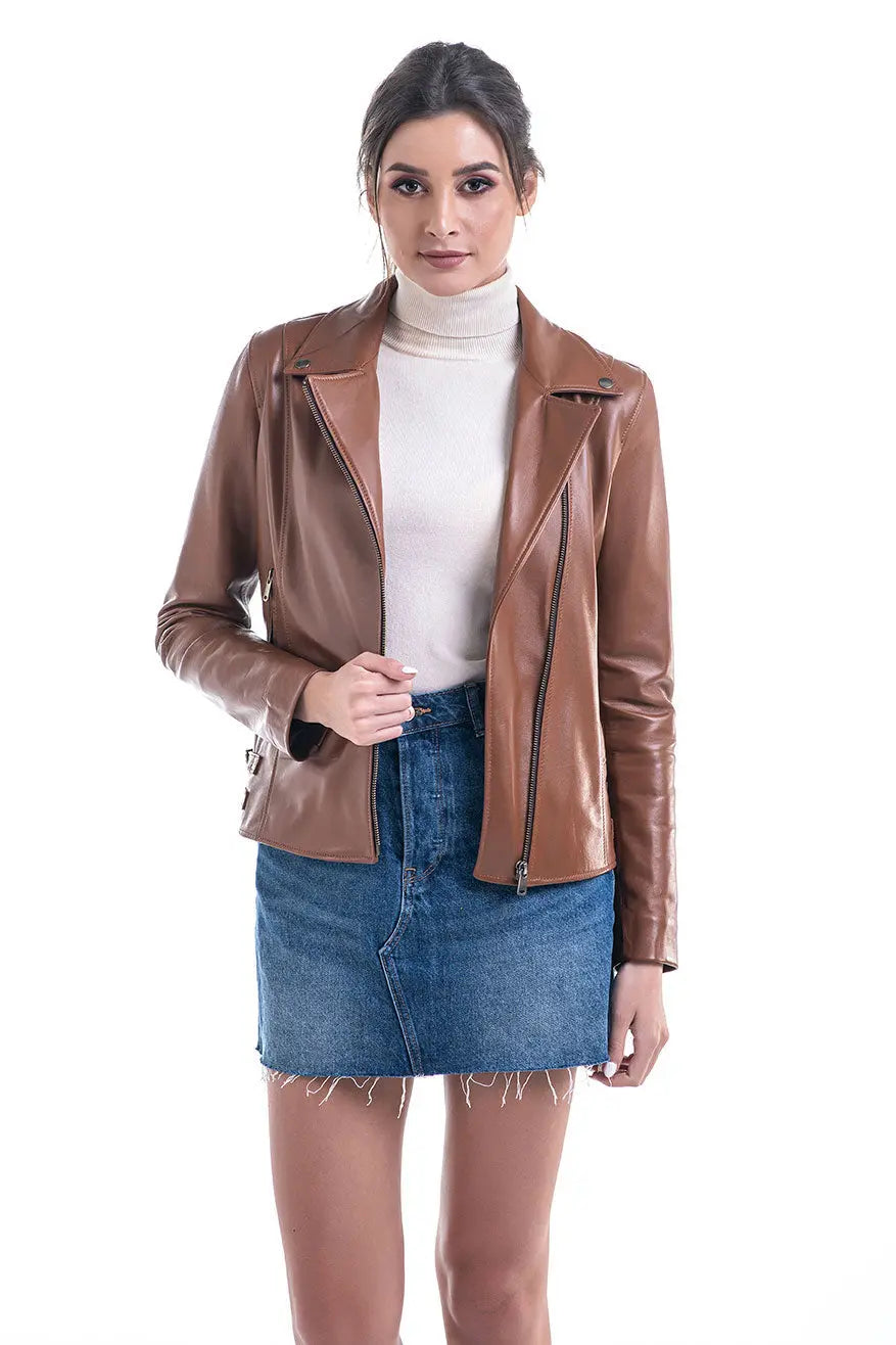 Cognac Genuine Sheepskin Jacket with Diagonal Zipper-0