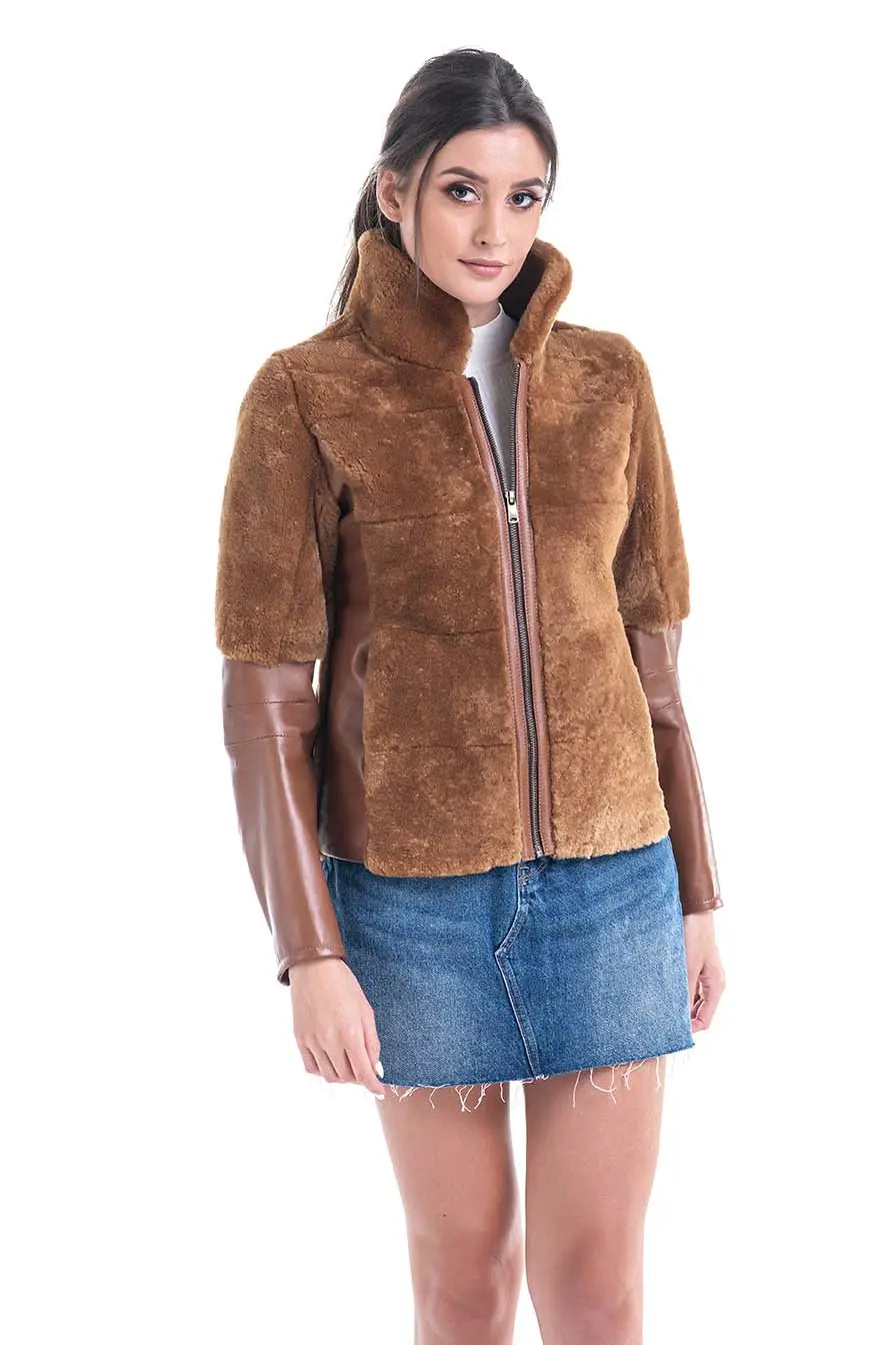 Cognac Lamb Shearling Leather Jacket-1