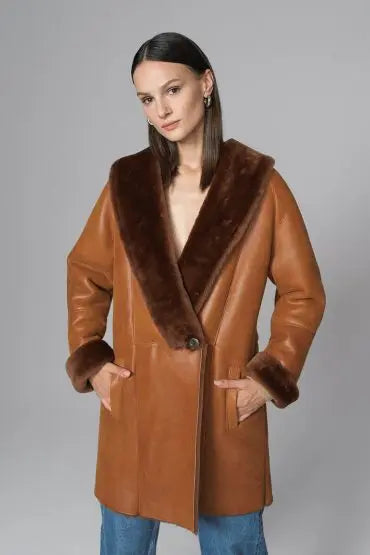 Cognac Lambskin Midi Coat with Merino Fur Collar-0