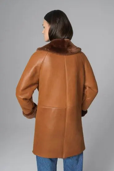 Cognac Lambskin Midi Coat with Merino Fur Collar-1