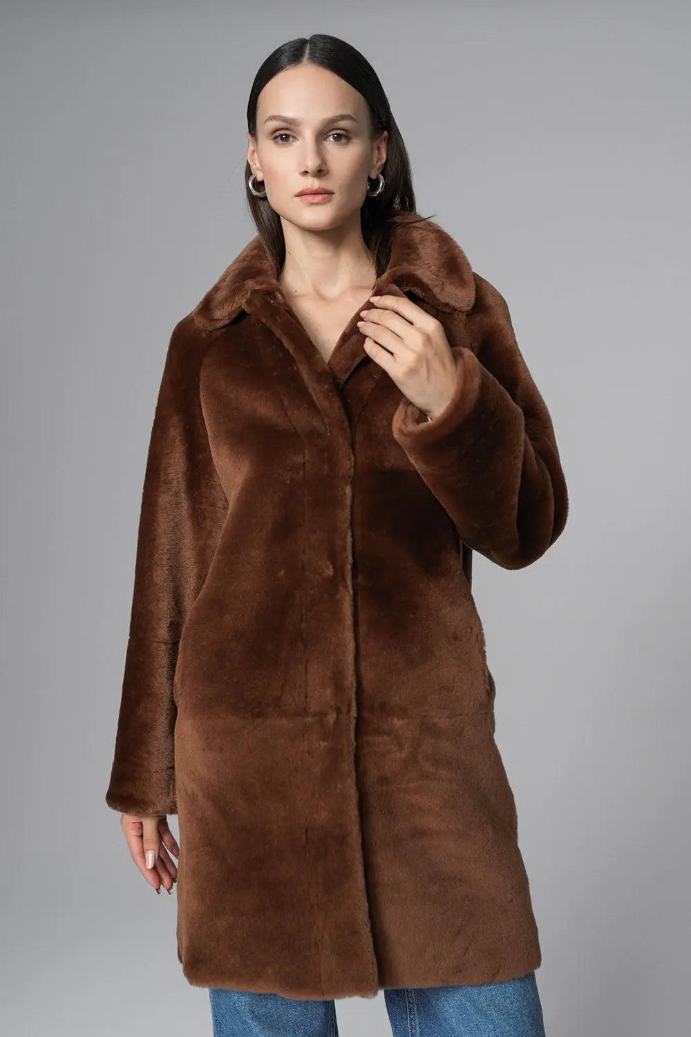 Cognac Reversible Genuine Merino Wool Sheepskin Midi Coat-0