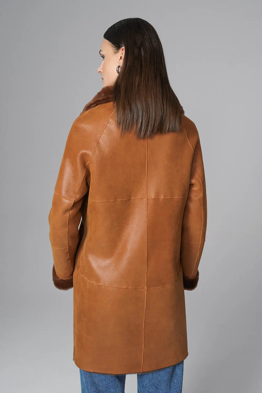 Cognac Reversible Genuine Merino Wool Sheepskin Midi Coat-3