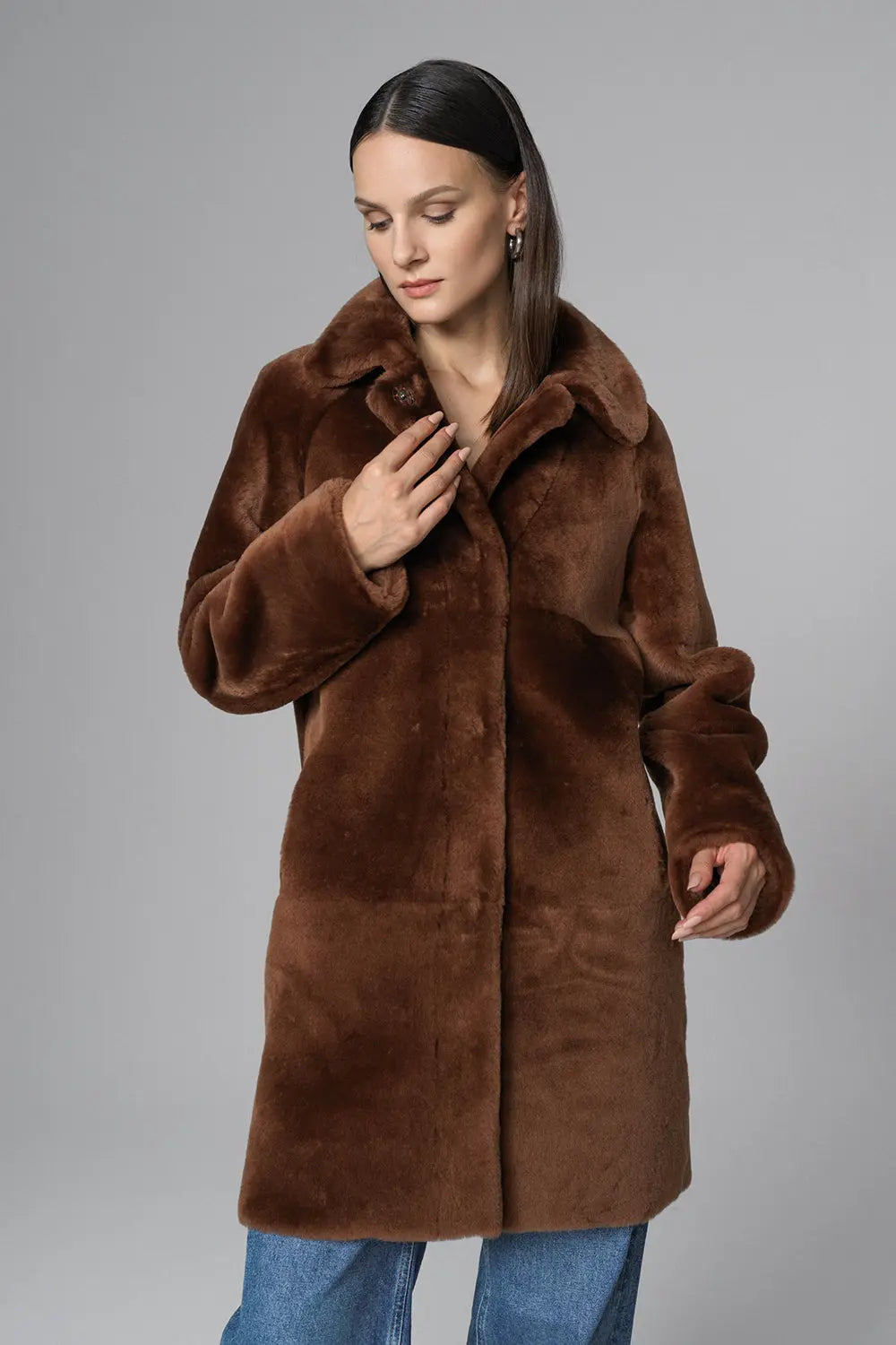 Cognac Reversible Genuine Merino Wool Sheepskin Midi Coat-4