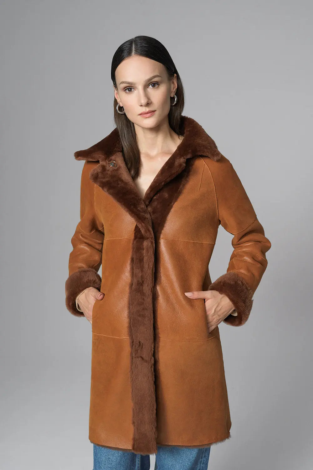 Cognac Reversible Genuine Merino Wool Sheepskin Midi Coat-5