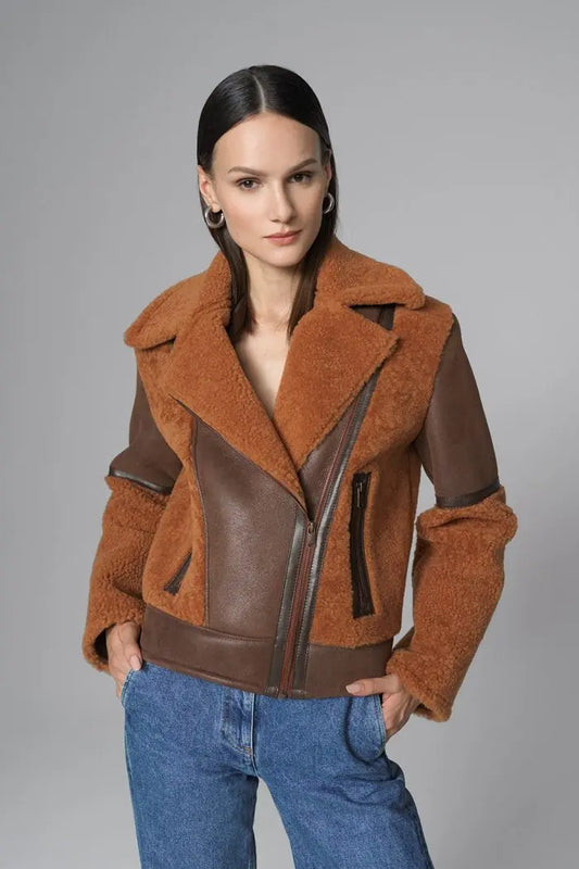 Cognac Shearling Leather Jacket - Memoriex 