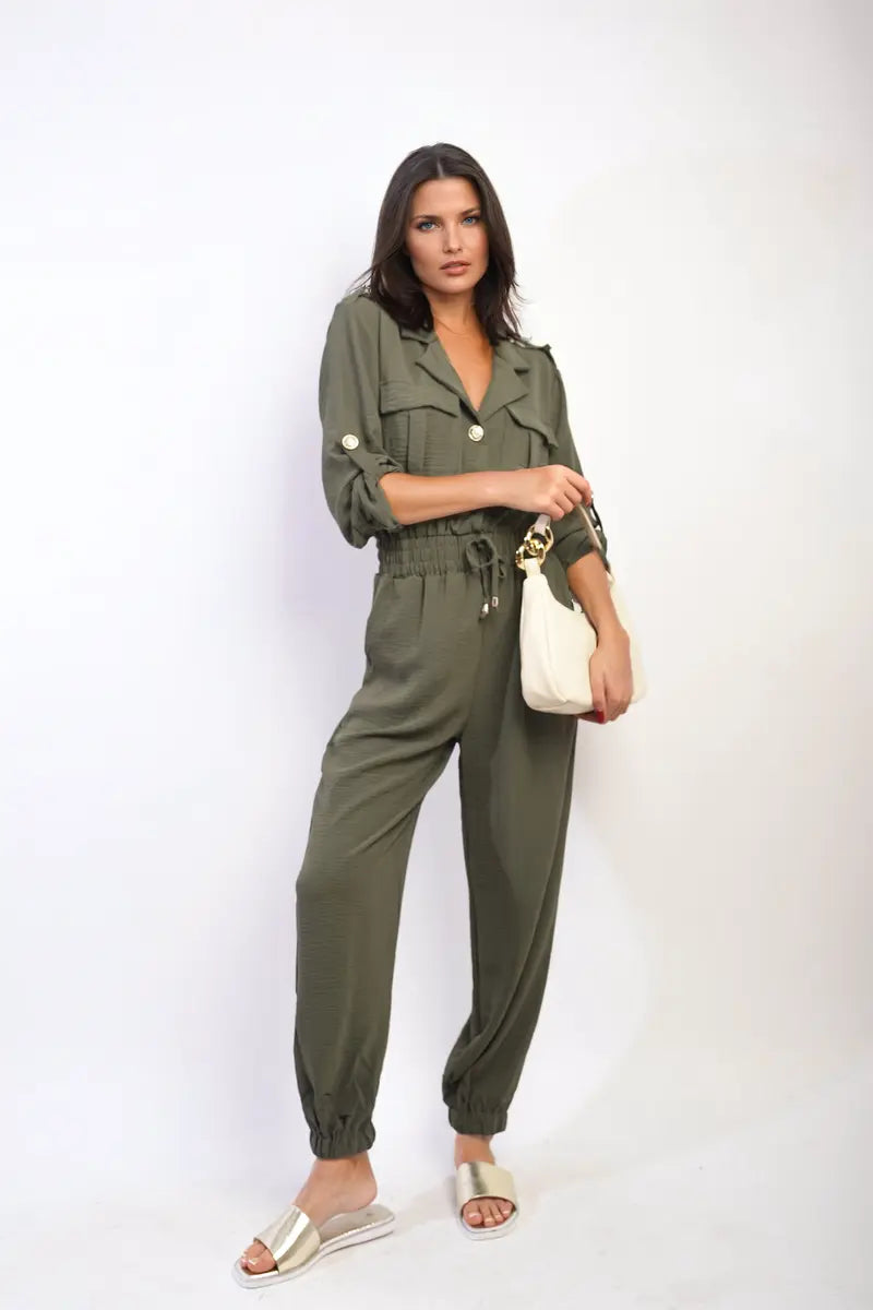 Collar Button-Front Jogger Drawstring Jumpsuit-6