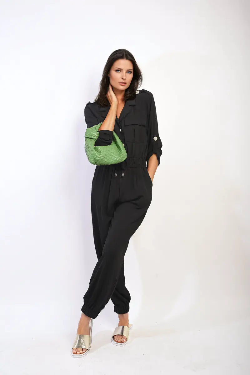 Collar Button-Front Jogger Drawstring Jumpsuit-7