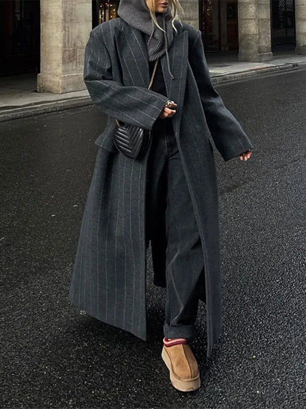 Collar striped long jacket coat fashionable jacket - Memoriex 