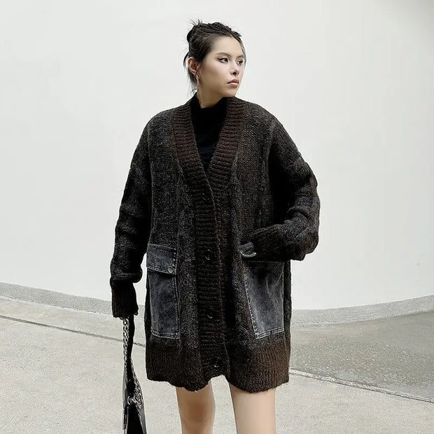 Color blocking splicing large pocket V-neck sweater jacket loose and fashionable versatile top - Memoriex 