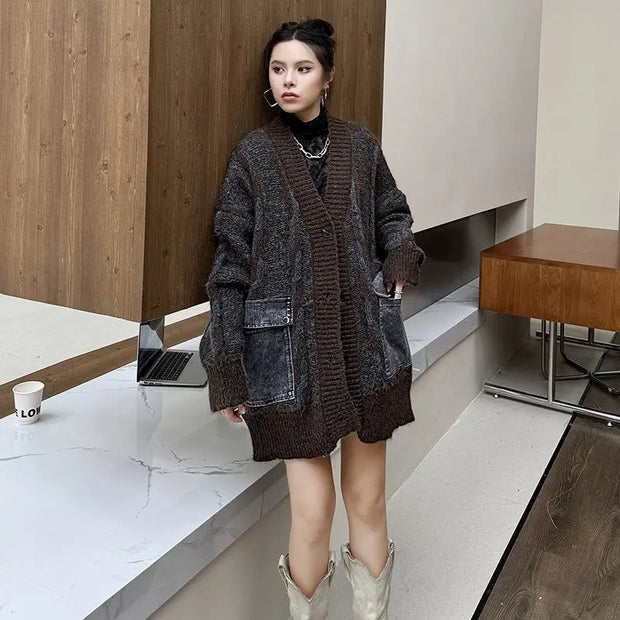 Color blocking splicing large pocket V-neck sweater jacket loose and fashionable versatile top - Memoriex 