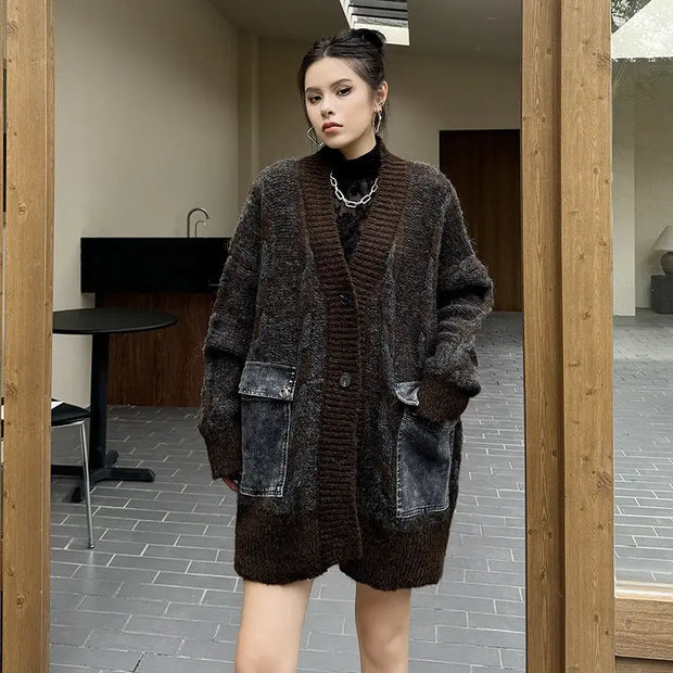 Color blocking splicing large pocket V-neck sweater jacket loose and fashionable versatile top - Memoriex 