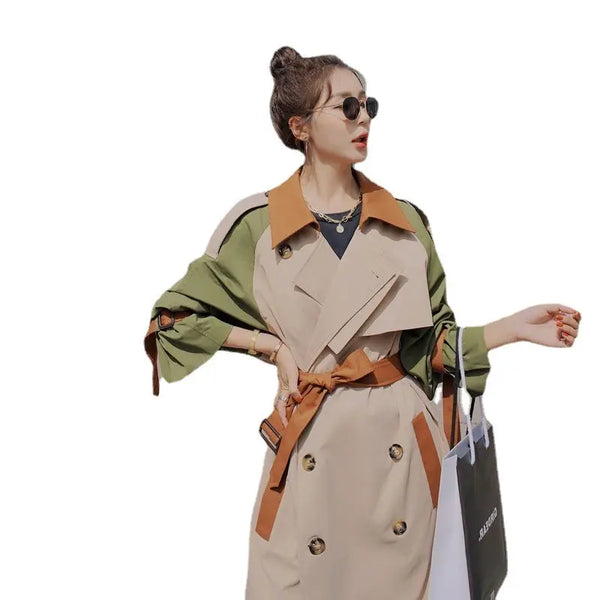 Contrast Color Patchwork Windbreakers For Women Double Breasted Elegant Loose Trench Coat Autumn  New - Memoriex