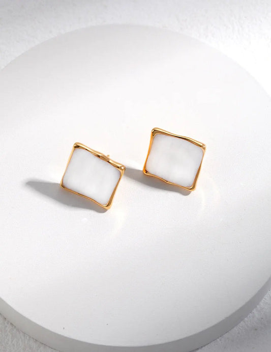 Cream Glazed Square Earrings-0