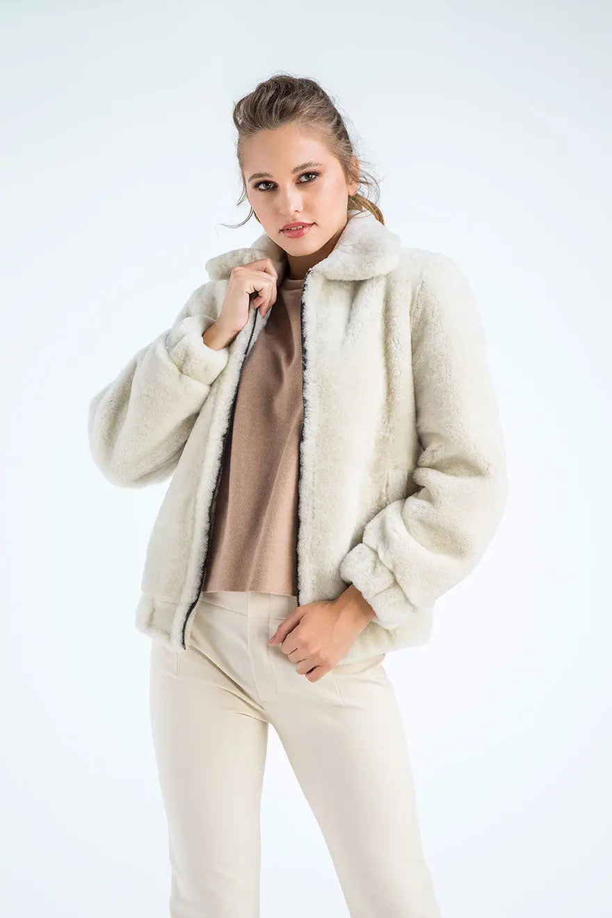 Cream Lamb Sheepskin Merino Fur Jacket-3