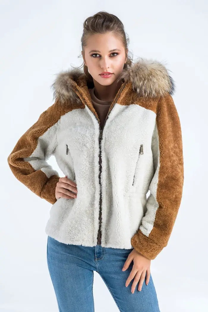 Cream Sheepskin Hooded Jacket with Racoon Fur Detailing-0