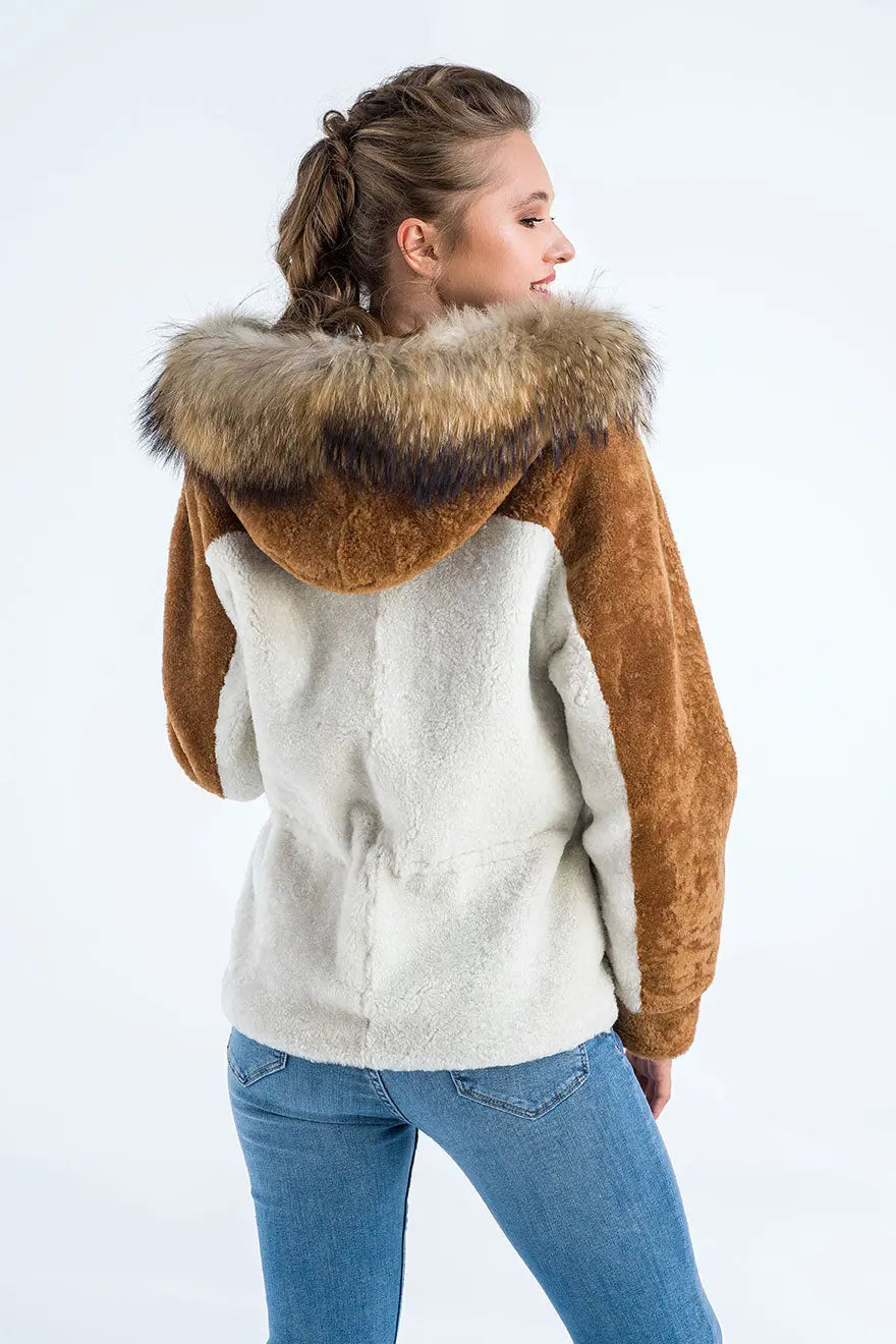 Cream Sheepskin Hooded Jacket with Racoon Fur Detailing-1