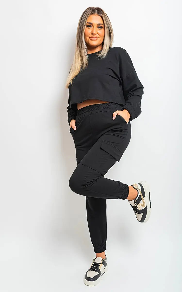 Cropped Long Sleeve Top and Cargo Joggers Co-ordinates-3