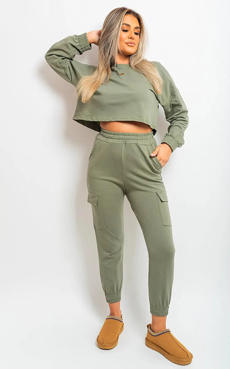 Cropped Long Sleeve Top and Cargo Joggers Co-ordinates-4