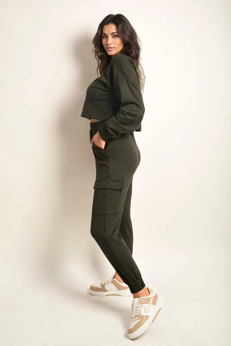 Cropped Long Sleeve Top and Cargo Joggers Co-ordinates-7