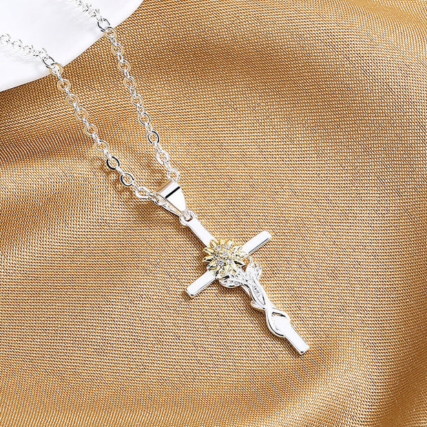 Cross Gold And Silver Two-color Sunflower Flower Hanging Women's Pendant Necklace - Memoriex 