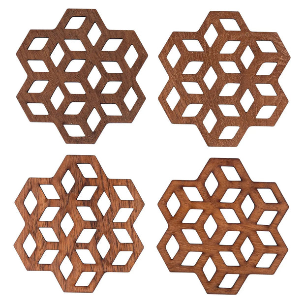 Cubix Geometric Upcycled Teak Wood Coasters - Set of 2 or 4 - Memoriex 
