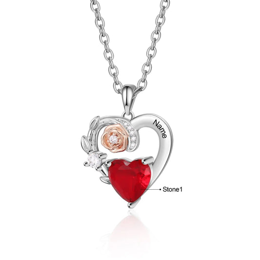 Custom Name Heart With Rose Flower Necklace - Memoriex