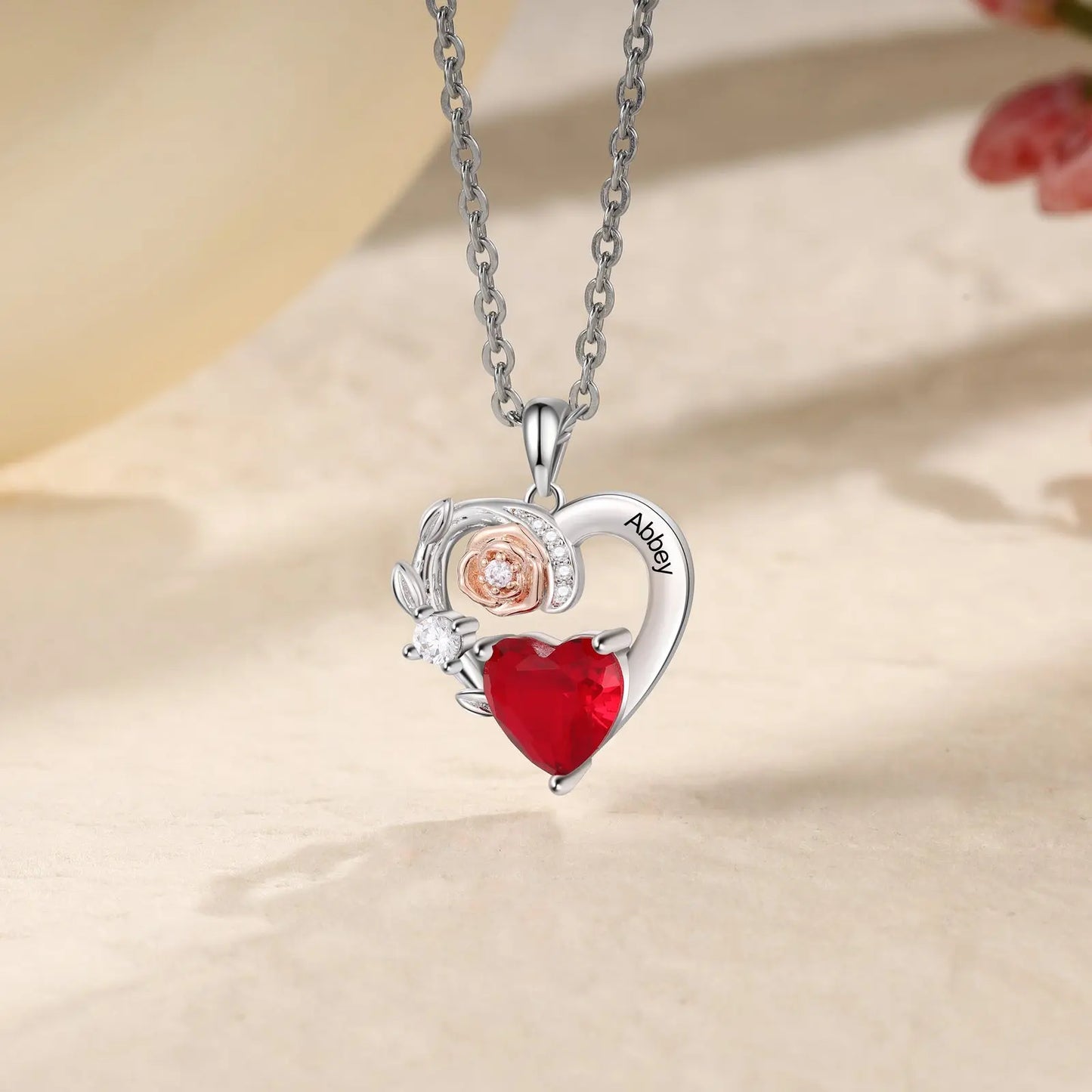 Custom Name Heart With Rose Flower Necklace - Memoriex