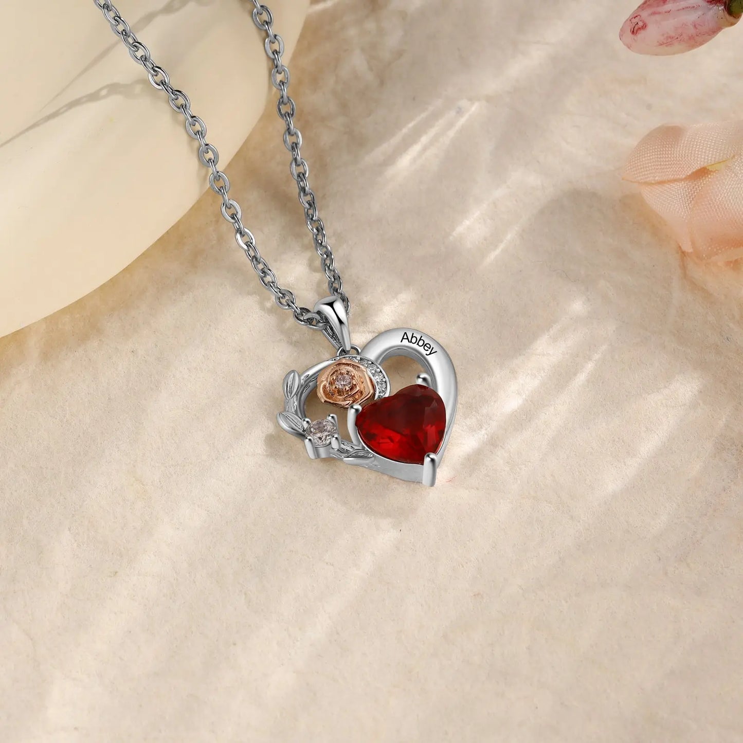 Custom Name Heart With Rose Flower Necklace - Memoriex