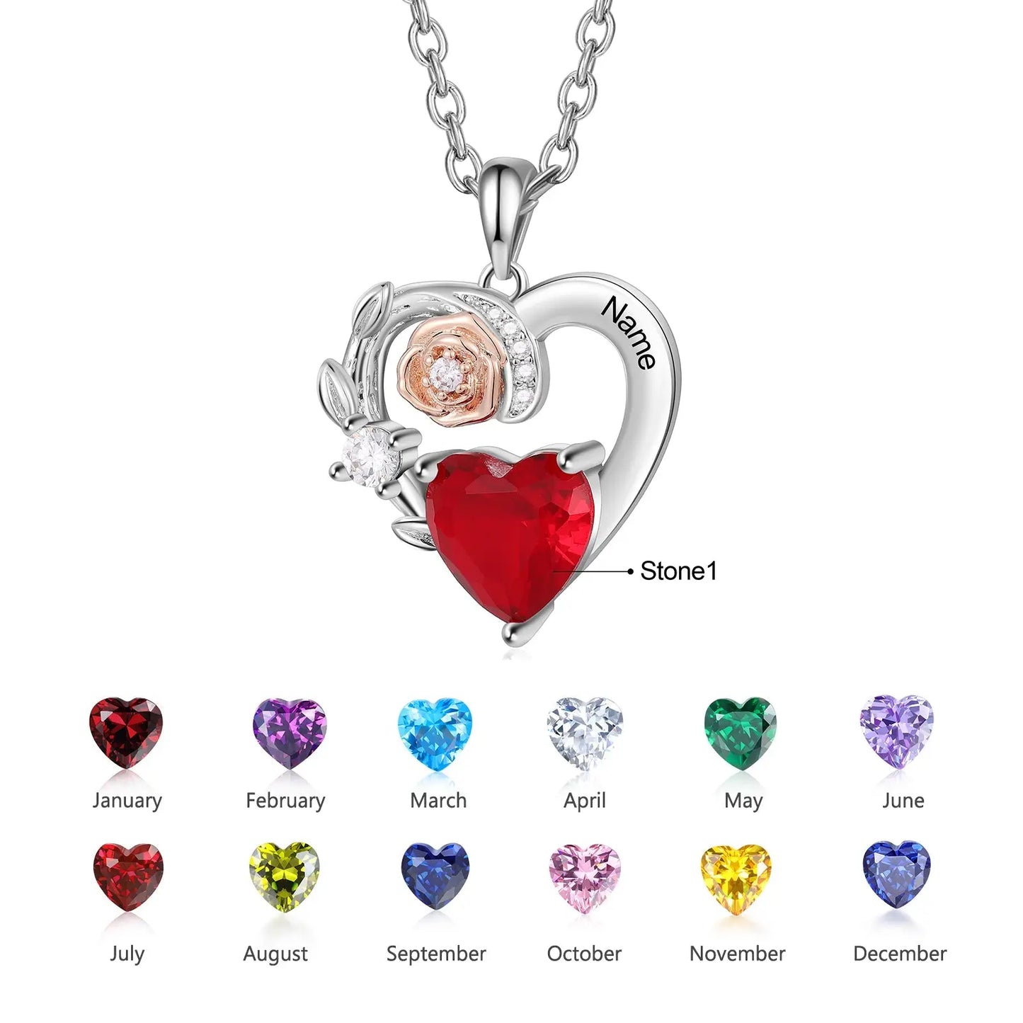 Custom Name Heart With Rose Flower Necklace - Memoriex