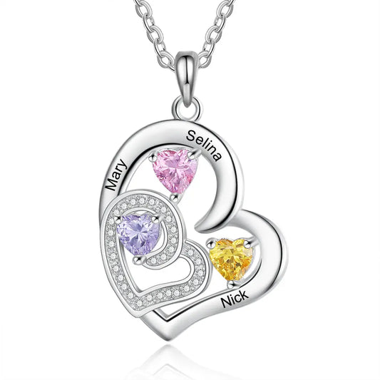 Custom Name Rhodium Plated Birthstone Heart Necklace - Memoriex