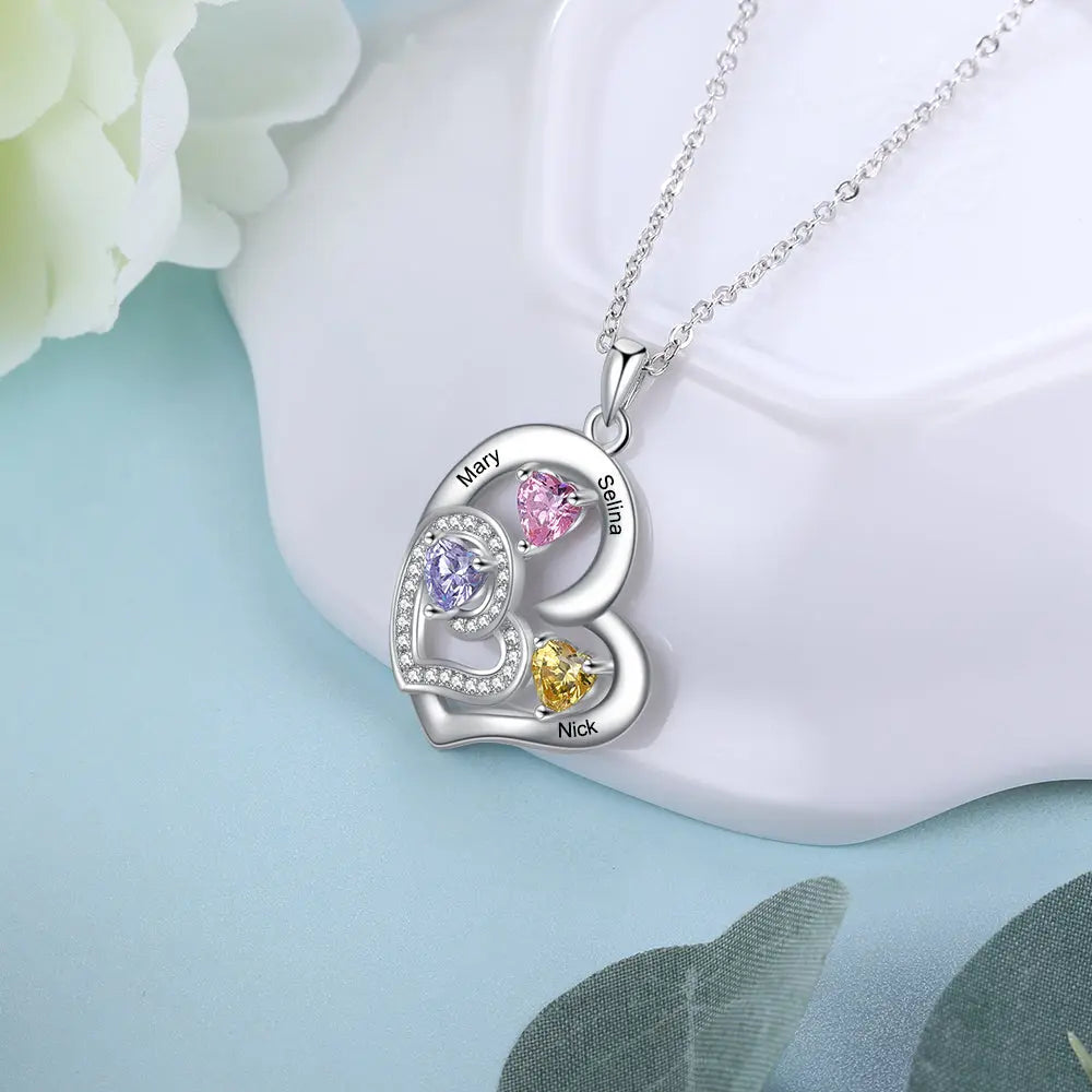 Custom Name Rhodium Plated Birthstone Heart Necklace - Memoriex