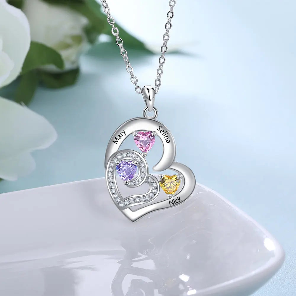 Custom Name Rhodium Plated Birthstone Heart Necklace - Memoriex