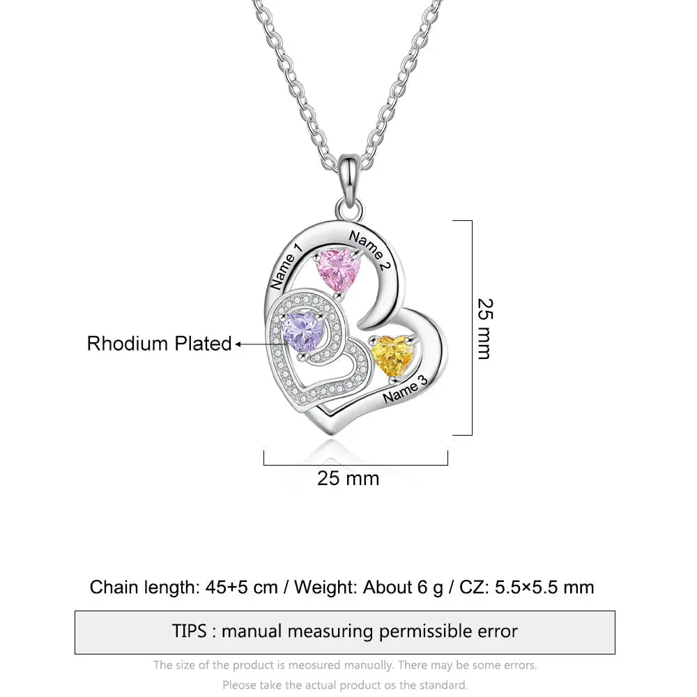 Custom Name Rhodium Plated Birthstone Heart Necklace - Memoriex