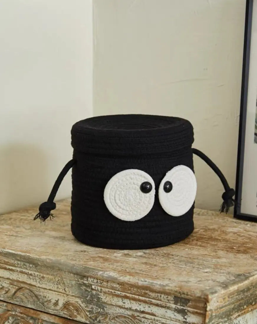 Cute Whimsical Big Eyes Coal Ball Woven Laundry Storage Basket Bag-1