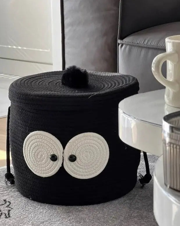 Cute Whimsical Big Eyes Coal Ball Woven Laundry Storage Basket Bag-6