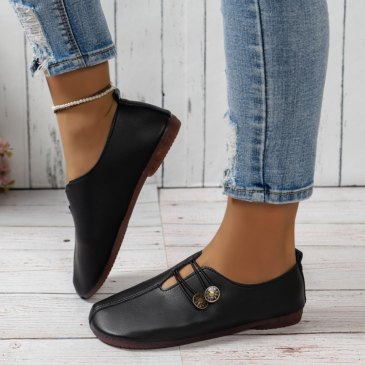 Casual Square Toe Flats Shoes Fashion Slip-on Button Loafers Women Shoes - Memoriex 