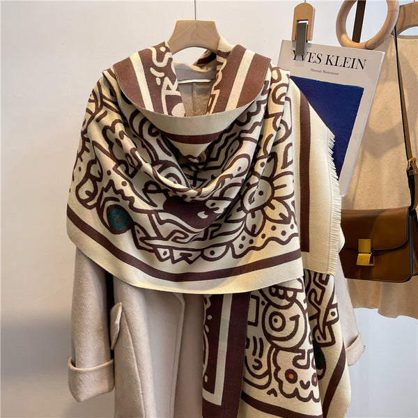 Abstract Print Oversized Wrap Scarf — Thick Woven Shawl for Women