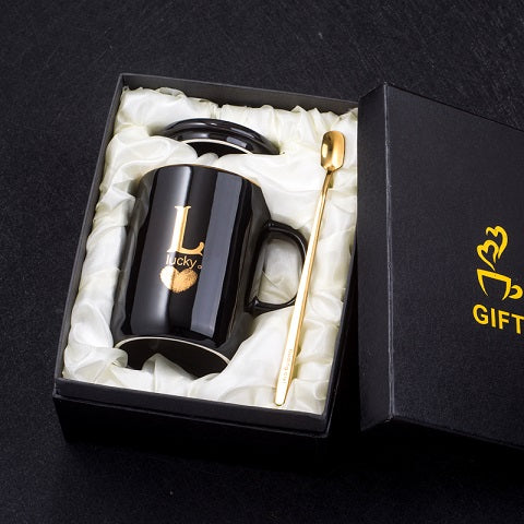 400ml Creative Gold Finger Printing Black Ceramic Coffee Mug Tea Cup With Gold Handle As Gift With Lid And Spoon - Memoriex