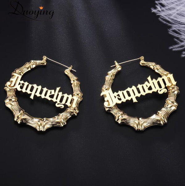 Personalised Bamboo-Style Hoop Earrings, Custom Name Statement...