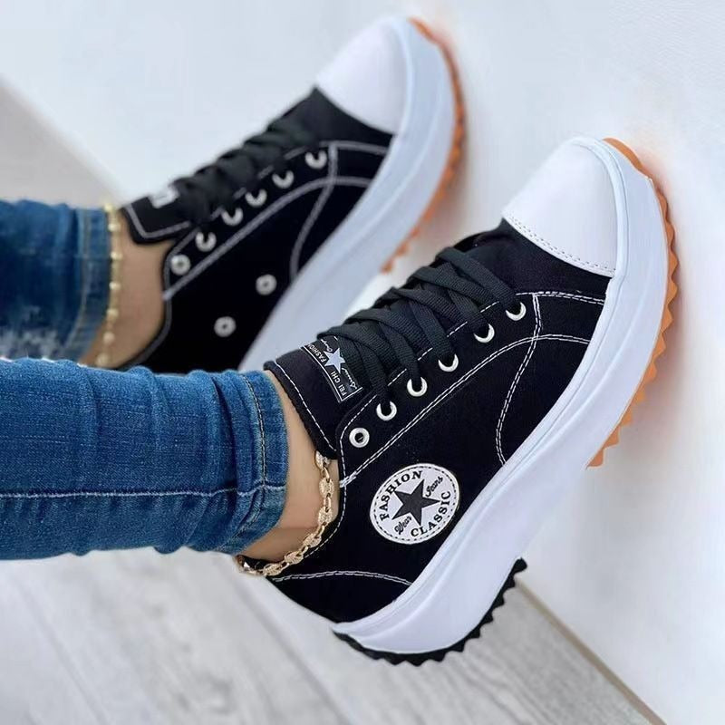 Leisure single shoe women's solid color thick sole lace up canvas shoes casual shoes - Memoriex 