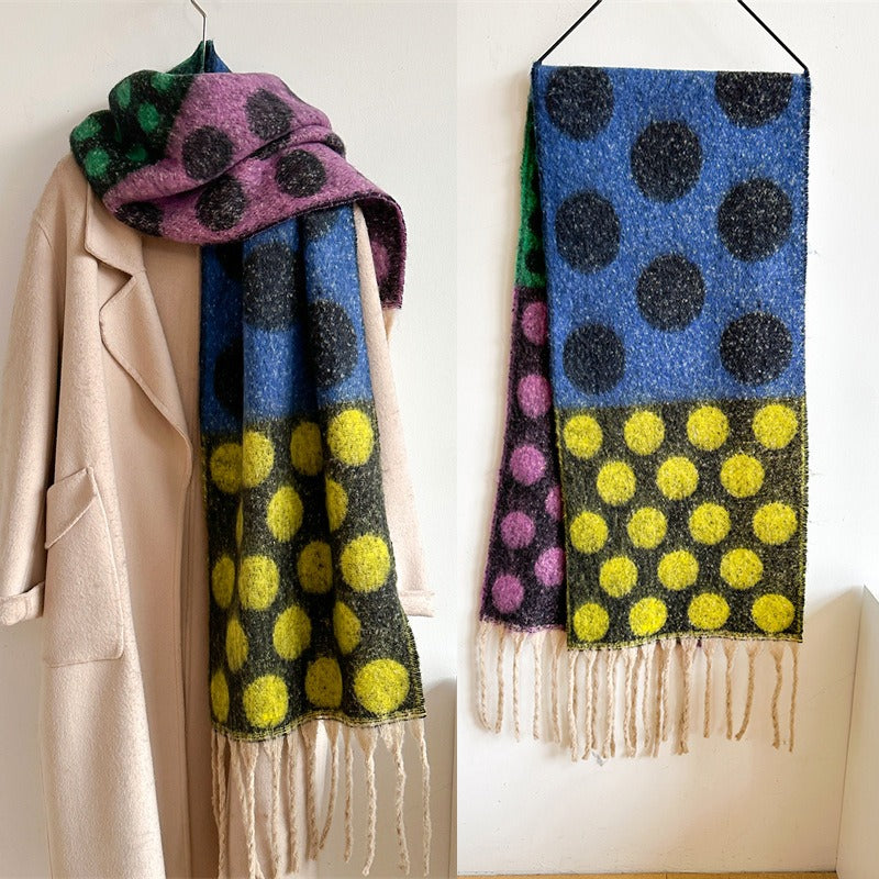 Imitation wool scarf with colorful polka dots, lazy temperament, soft and versatile shawl, thick and warm