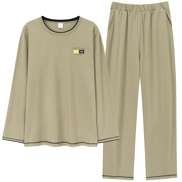 Men's Cotton Crew Neck Pyjama Set, Loose Long Sleeve Top and Trousers, Relaxed Loungewear