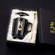 400ml Creative Gold Finger Printing Black Ceramic Coffee Mug Tea Cup With Gold Handle As Gift With Lid And Spoon - Memoriex