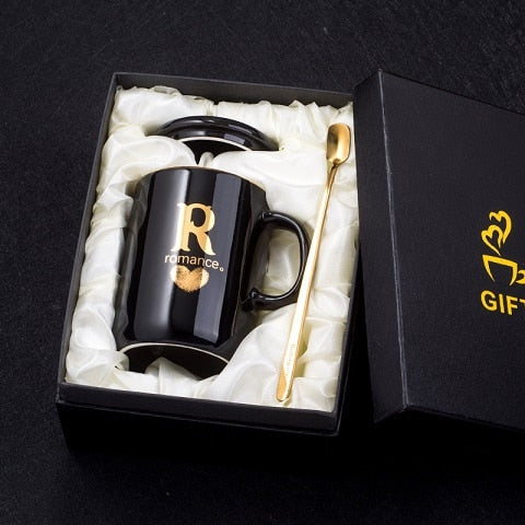 400ml Creative Gold Finger Printing Black Ceramic Coffee Mug Tea Cup With Gold Handle As Gift With Lid And Spoon - Memoriex