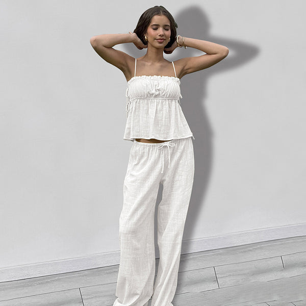 Women's White Cotton Cami Pyjama Set, Strappy Top and Long Trousers,...