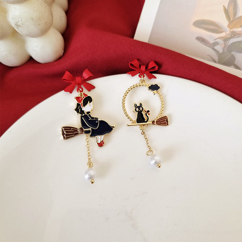 Bow cartoon character cat earrings, personalized and creative street photography drip oil earrings