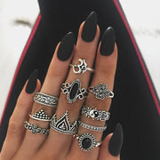 Tocona 10pcs/Set Bohemia Antique Silver Crown Star Moon Flower Carved Rings Sets Opal Stone Knuckle Rings - Memoriex
