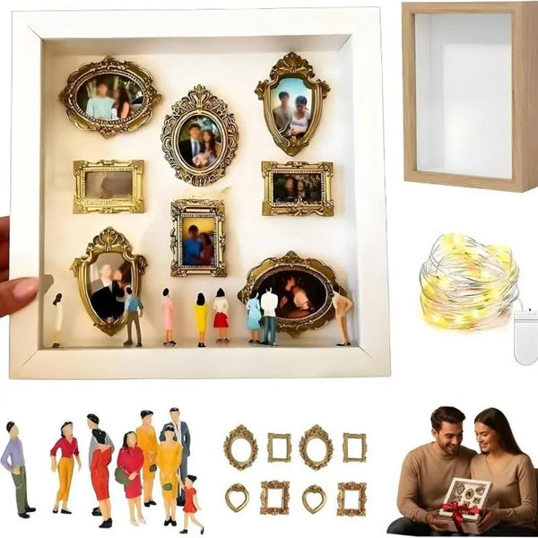 DIY Mini Museum Shadow Box Kit | Anniversary Wedding Memory Display with Gold Frames & Figurines - Memoriex