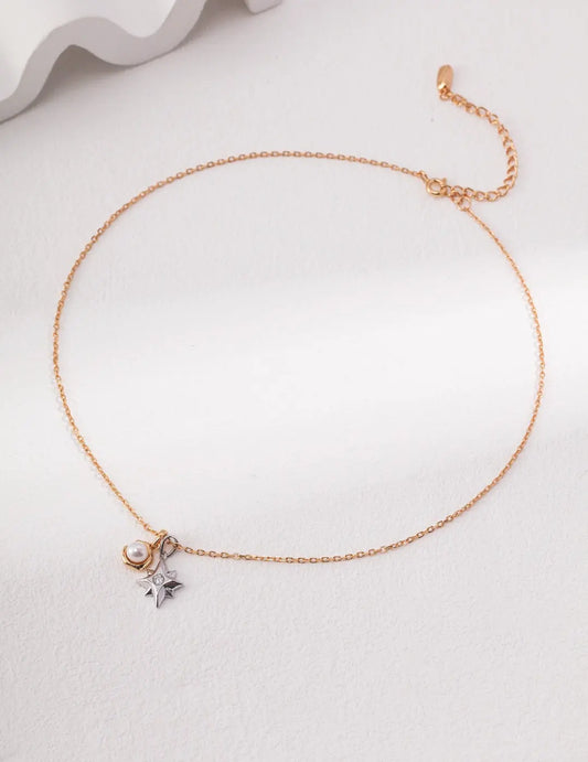 Dainty Star and Moon Pearl Necklace-0